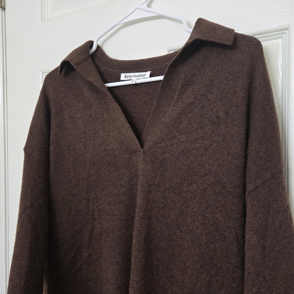 Reformation Doreen 100% Cashmere Polo Sweater Dress Brown Collar Small S - Picture 10 of 10